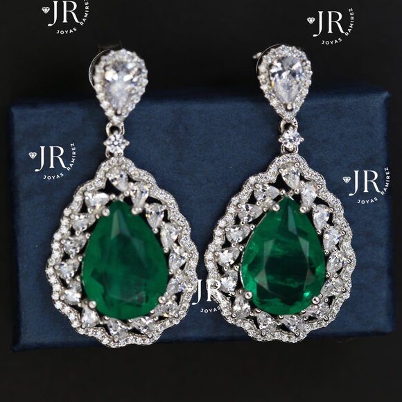 Teardrop Earrings with Emerald Green CZ and Clear CZ in Sterling Silver .925. - Picture 3 of 7